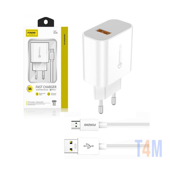 Carregador de Parede USB Rápido Foneng EU46 com Cabo Micro 3A Branco